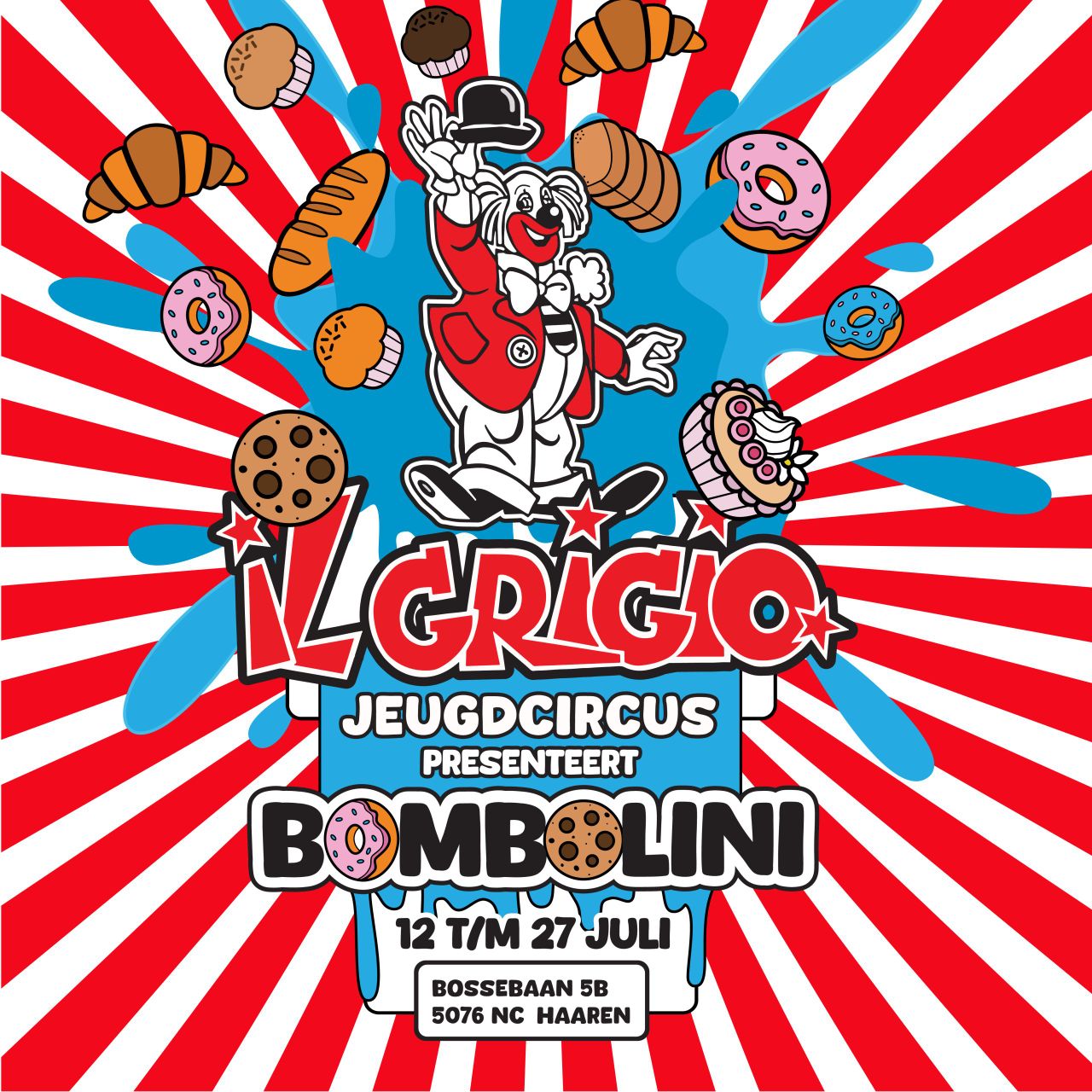 Kleurrijke getekende affiche van de voorstelling met daarop een clown tussen verschillende broodjes en gebakjes. Op de affiche staan ook de data van de voorstellingen en het adres van de locatie in Haaren.