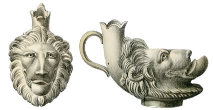 Olielampje in de vorm van een leeuwenkop, gevonden in Hemmen. Bron Janssen 1844