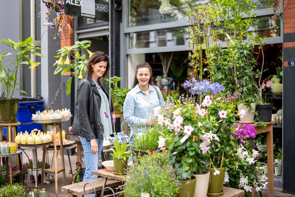 Zwei Frauen betrachten Blumen und Pflanzen in einem Geschäft.