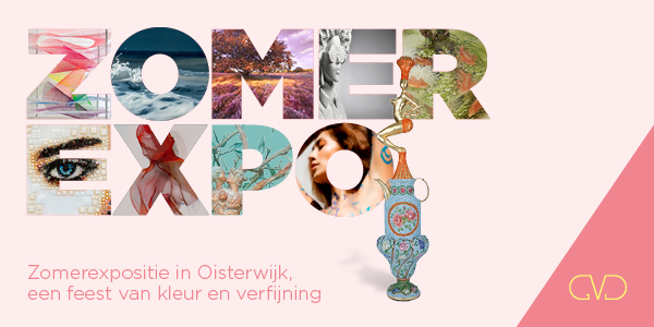 Affiche in rose met letters zomerexpositie in allerlei kleuren