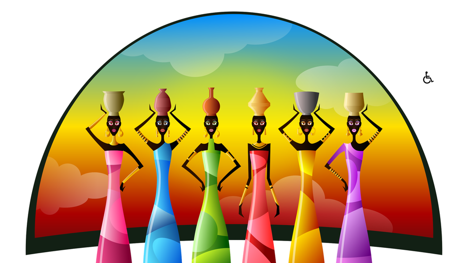 Winkel Natuurlijk Ritme Woerden, provincie Utrecht, Groene Hart, kleurrijke illustratie van Afrikaanse vrouwen met kruiken op het hoofd als symbool voor wereldcultuur, fairtrade en spirituele cadeaus.