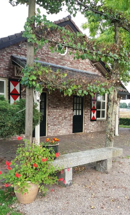 Vooraanzicht van één van de gebouwen met een betonnen bankje, leibomen en een pot met planten.