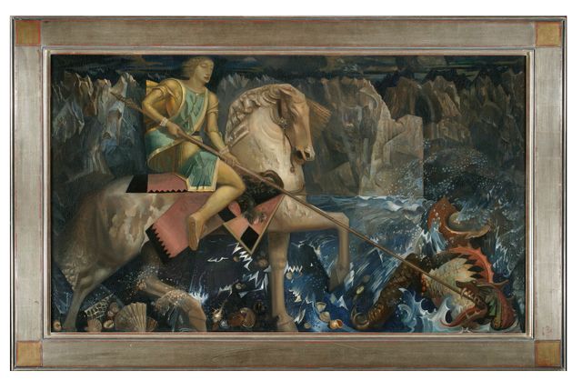 Schilderij van Sint-Joris te paard die met een lans een draak doorboort in woelige zee, tegen een rotsachtig landschap, uitgebeeld als een mythische strijd tussen goed en kwaad.