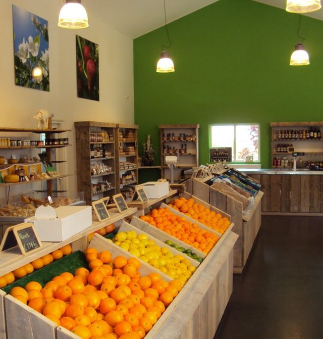 Binnenzicht van de plattelandswinkel van Vlooswijk Fruit in Linschoten, met vers fruit in houten bakken en schappen vol streekproducten tegen een groene wand.