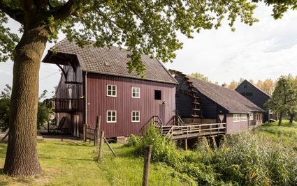 Een watermolen in Nuenen met op de voorgrond gras.