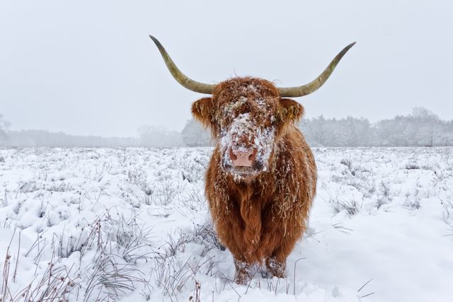 Een besneeuwde Schotse Hooglander.