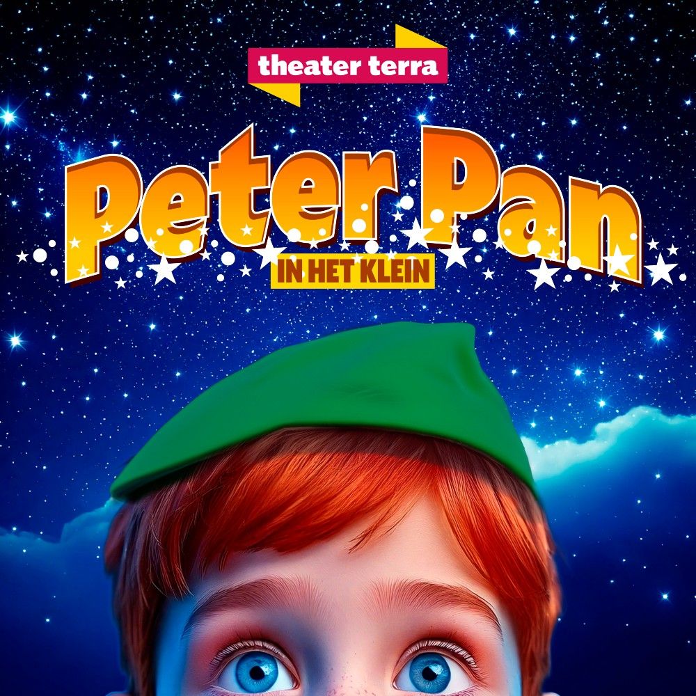 Tekening van de helft van het gezicht van Peter Pan, met grote blauwe ogen, rood-oranje haar en een groen petje. De achtergrond is donkerblauw met witte sterren.