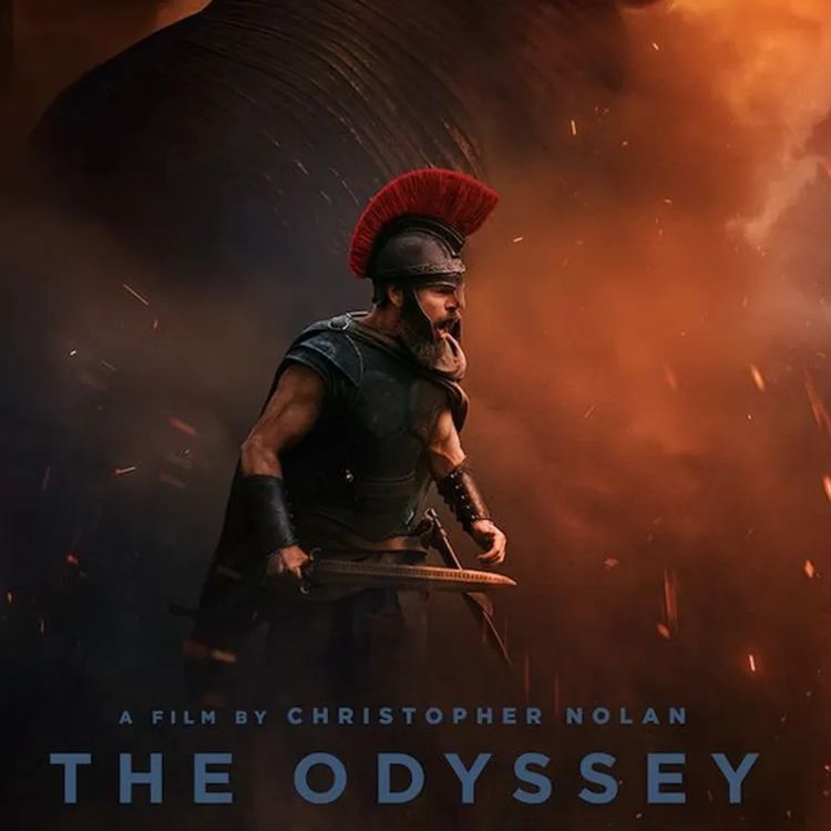 Een strijder in harnas met een helm op, deze helm heeft een rode hanenkam. Hij heeft een zwaard in de hand. De achtergrond is oranje-rood.