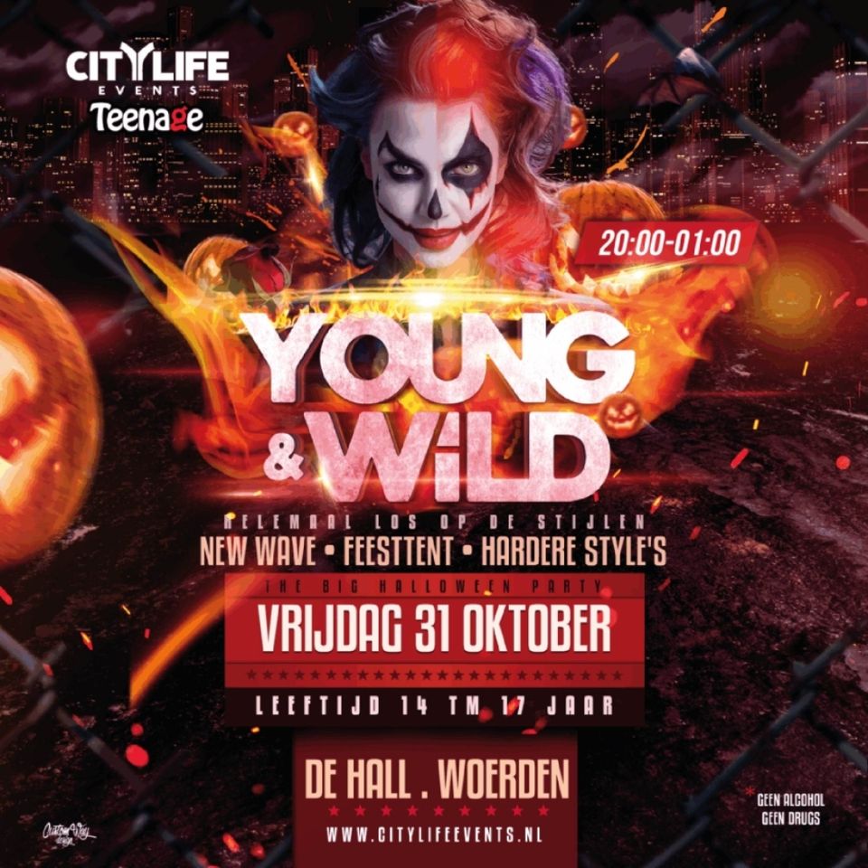 Promotieposter voor Young & Wild Halloween Party op vrijdag 31 oktober 2024 in De Hall Woerden, georganiseerd door CityLife Events, met thema’s als New Wave, Feesttent en Hardere Styles.