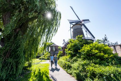 Twee wandelaars lopen over een parkpad langs korenmolen De Windotter in IJsselstein, omgeven door bomen en struiken, met de historische molen en zijn wieken in het zonlicht.