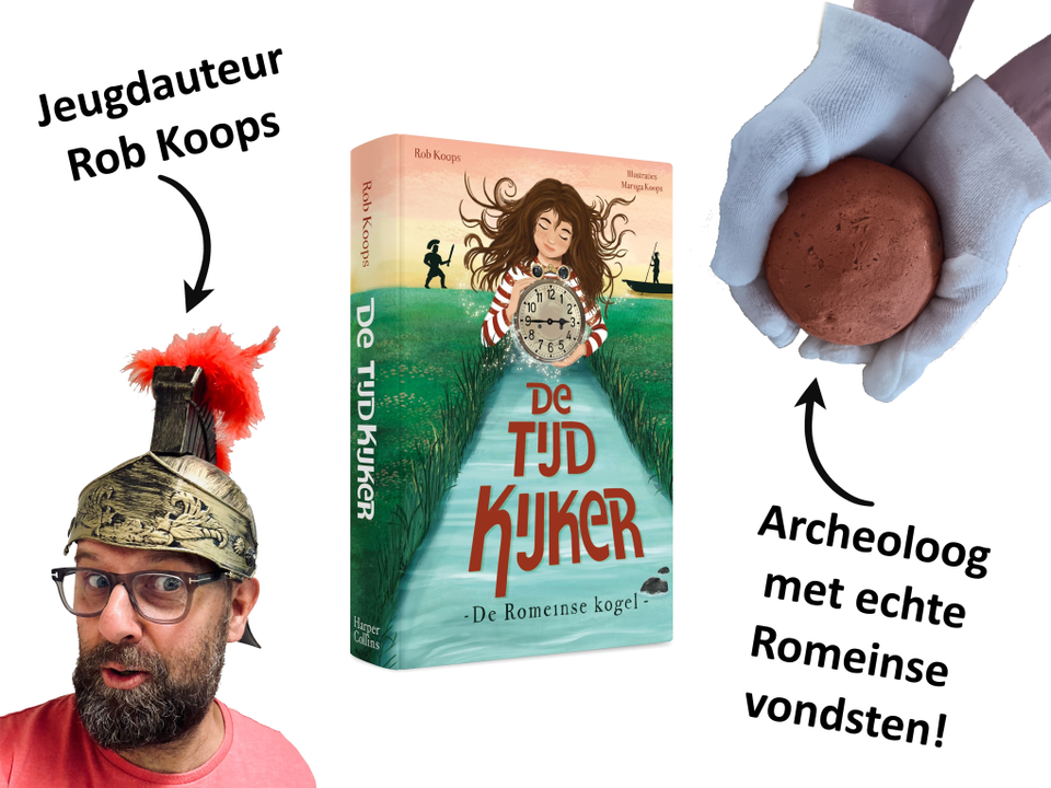 Promotiebeeld van jeugdauteur Rob Koops en archeoloog in Woerden, Groene Hart. Kinderboek De Tijdkijker – De Romeinse kogel met Romeinse vondst uit de archeologietentoonstelling over de Limes en de Romeinse geschiedenis van Woerden.