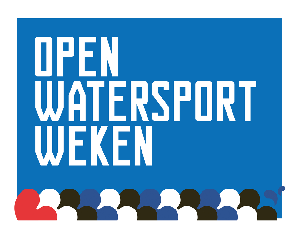 Logo van Open Watersport Weken met blauwe, witte, rode en zwarte accenten.