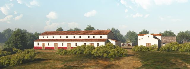 De schaarse archeologische resten laten geen nauwkeurige reconstructie van het hoofdgebouw toe, dus moeten we het doen met een impressie. Rechts het mogelijke badgebouw.
