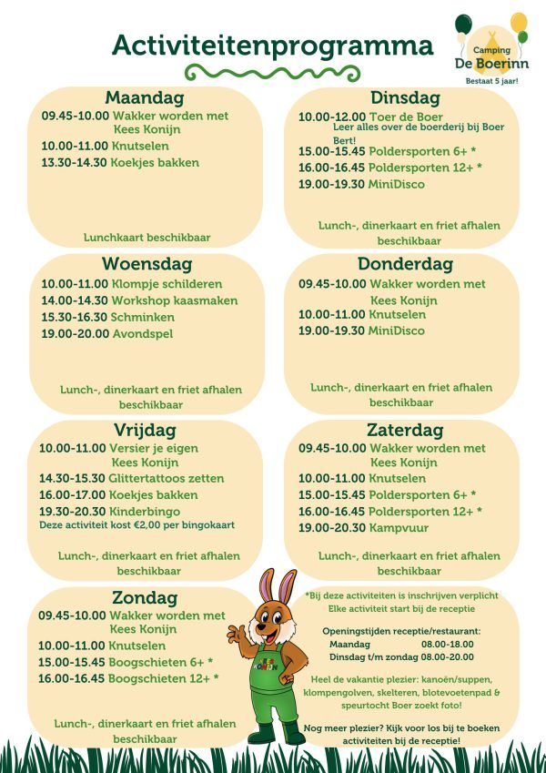 Animatieoverzicht per dag van de zomerboerderij bij Boerderij De Boerinn.