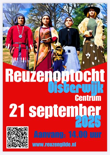 Kleurrijke tekening van de vier Reuzen van de gemeente Oisterwijk over de Reuzenoptocht in het Centrum van Oisterwijk op 21 september 2025