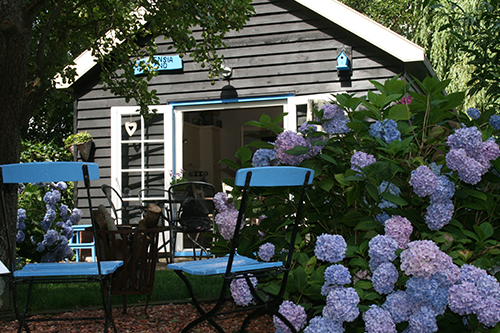 Het terras van B&B Hortensia Eiland in het Groene Hart met zitjes tussen bloeiende hortensia’s, sfeervolle plek om te ontspannen, buiten te genieten en tot rust te komen tijdens een overnachting in het groen.