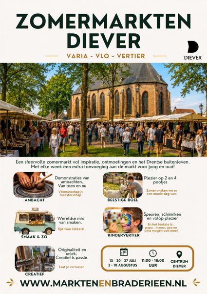 Flyer zomermarkt Diever met wekelijks een thema voor jong en oud.