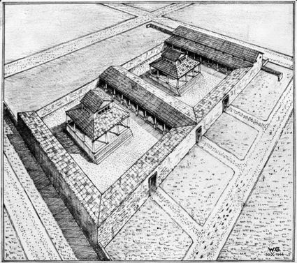 Reconstructietekening van 2 Romeinse tempeltjes uit Noviomagus Romeins Nijmegen, nagelaten geschriften van M.P.M. Daniëls in leven archivaris van Nijmegen. De resten van de tempels werden gevonden in het gebied begrensd door Waterstraat, Biezenstraat en Weurtseweg.