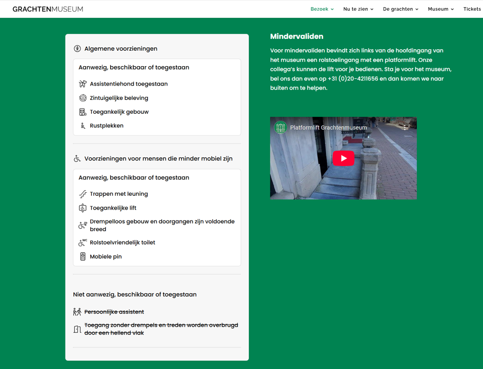 Een afbeelding van een website waarop te zien welke voorzieningen er wel en niet zijn voor mensen met een beperking.