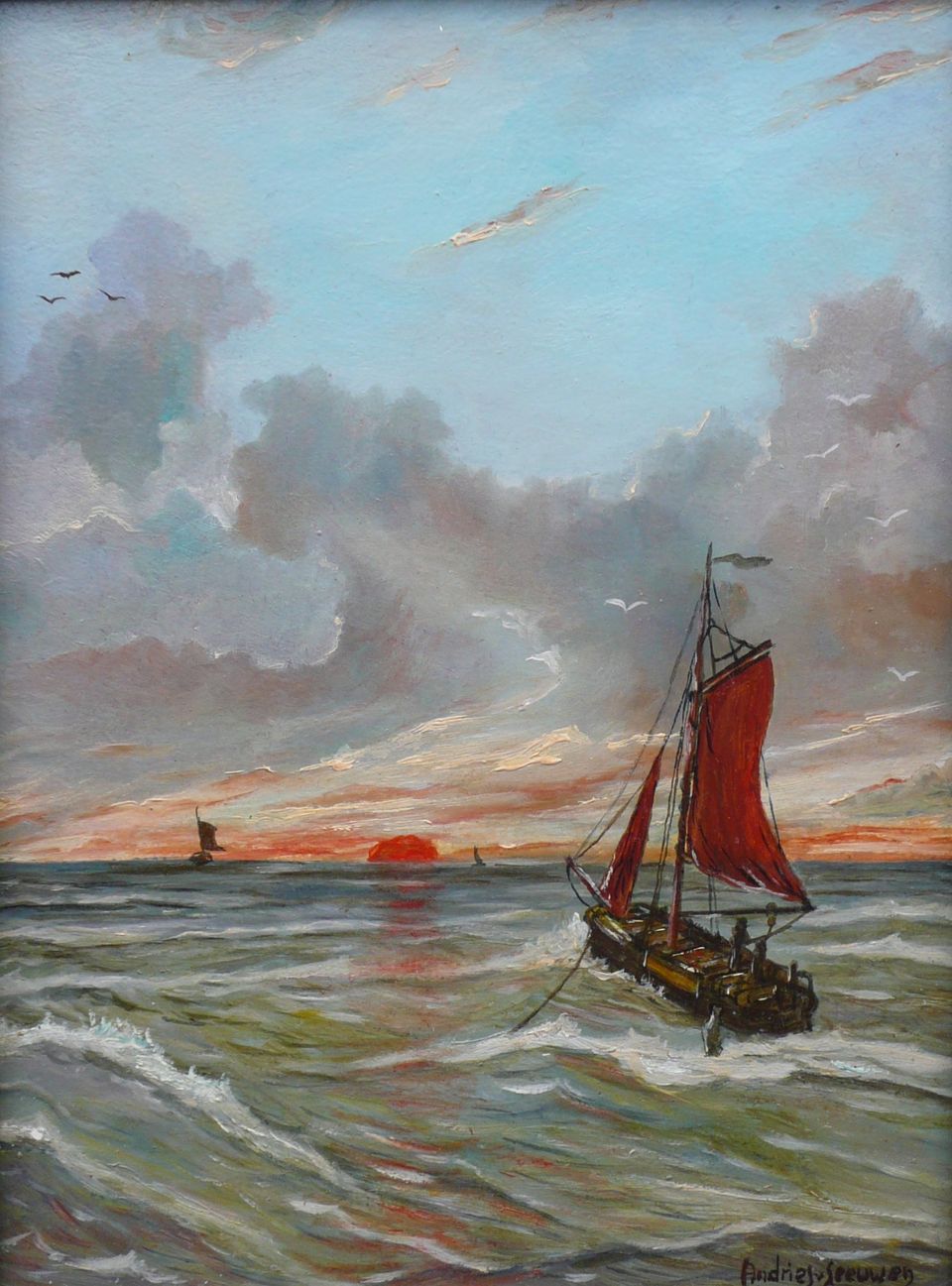 Schilderij Bomschuit Zonsondergang van Dorris Ravensbergen