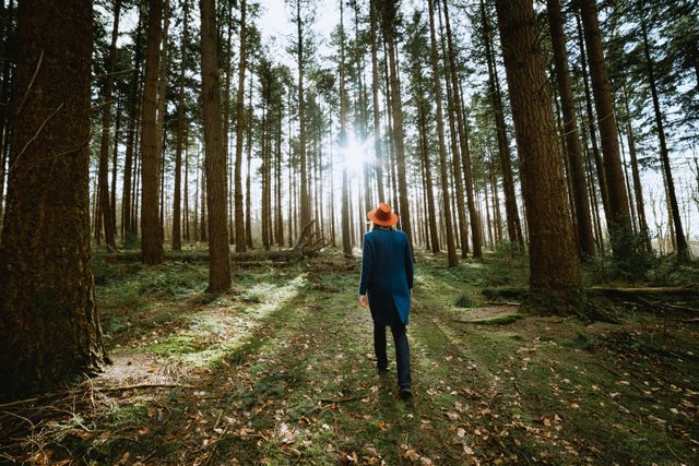Vrouw wandelt door een bos, er komt zonlicht door de bomen