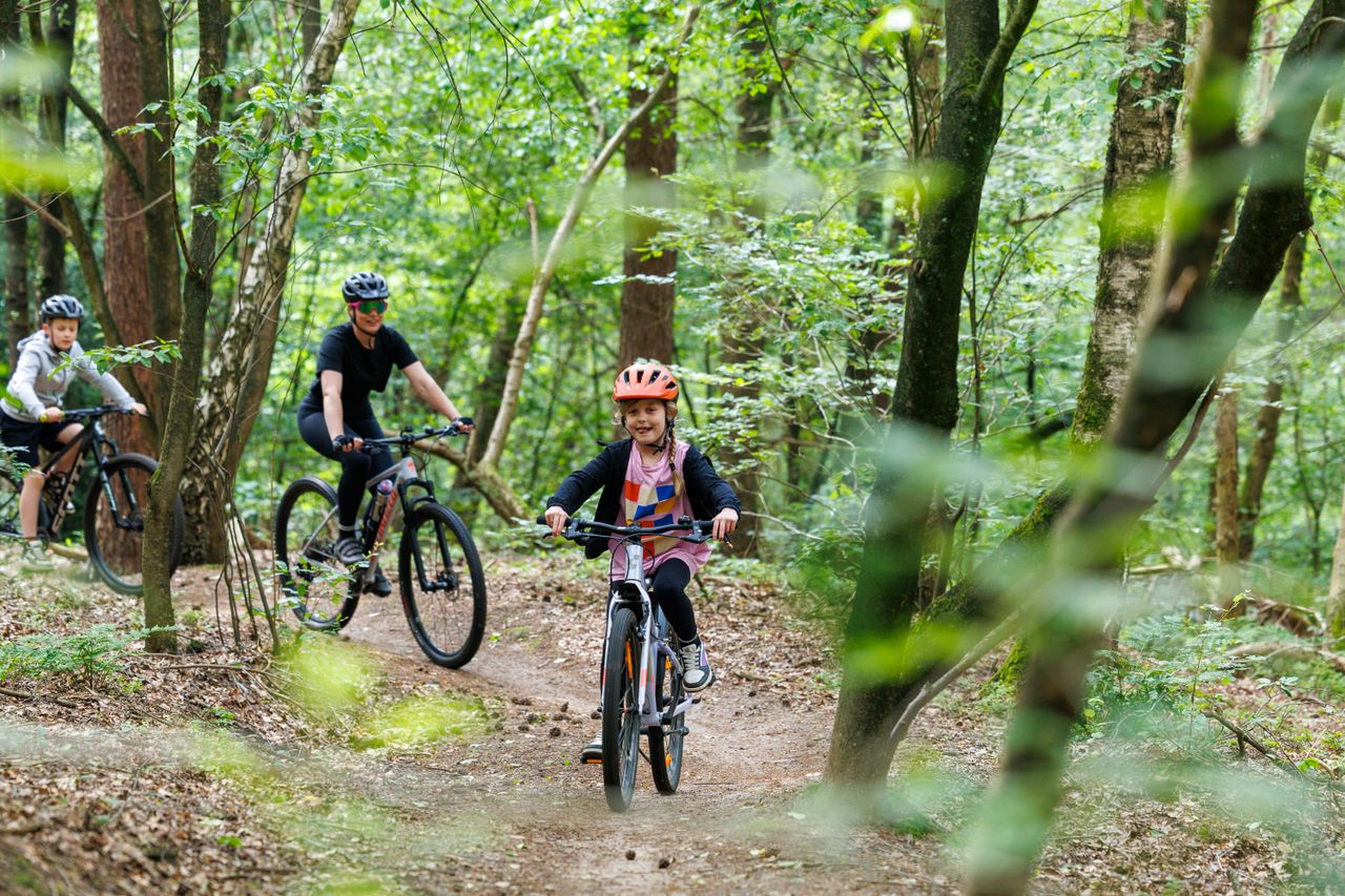 Moeder met twee kinderen mountainbiken in bos