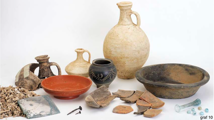 De inhoud van graf 10 op de Molenberg in Wijchen uit het onderzoek in 2008 met oa glas, aardewerk en crematieresten.
Bron: Hendriks & Magnée-Nentjes 2008, 97.