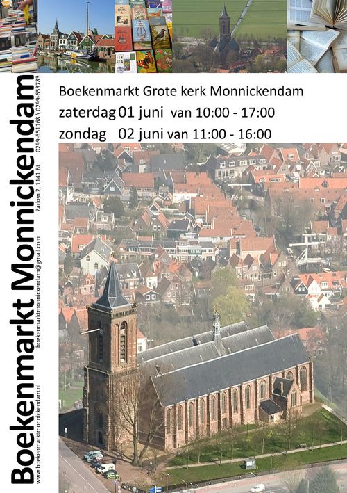 Poster boekenmarkt met kerk van monnickendam