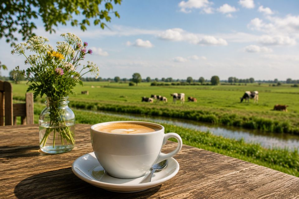 Terras in het polderlandschap, Lopik, Groene Hart, kop koffie en veldbloemen op een houten tafel met uitzicht over een sloot, groene weilanden en grazende koeien.