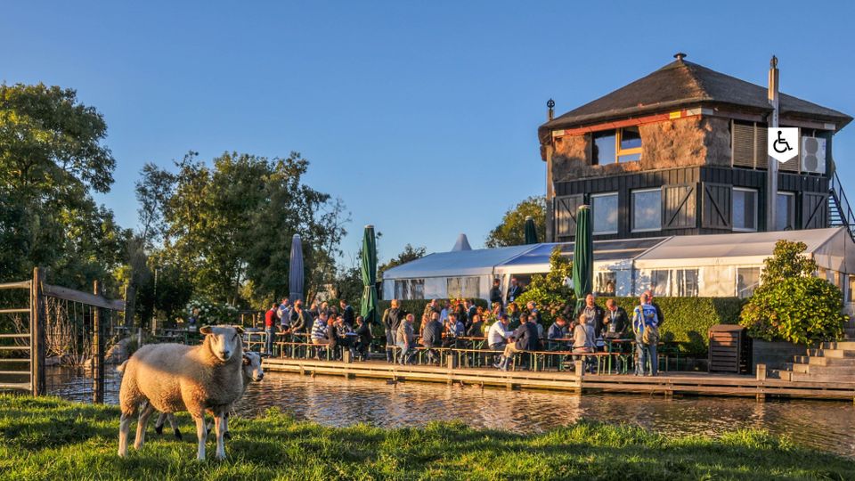 Boerderij De Boerinn in Kamerik met terras aan het water en schaap in de wei, landelijke beleving in het Groene Hart.