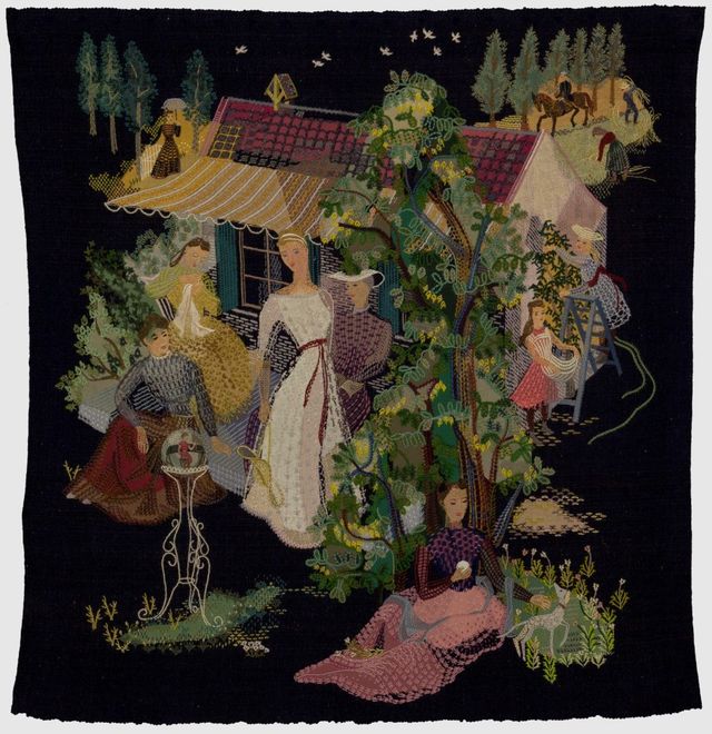 Ernee van der Linden-’t Hooft, Het buiten "De Molenbeek", 1947-1948, wandkleed van wol met applique- en borduurwerk.