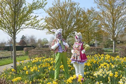Twee mensen verkleed als paashaas bij bloemenpark Appeltern