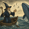 tekening van een tovenaar in een roeibootje met een walvis die uit het water omhoog komt.
