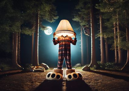 Een persoon in pyjama staat in een donker bos met een lampenkap op zijn hoofd
