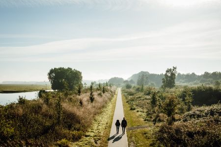 Een stel wandelt in een mistig groen landschap