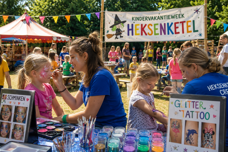 Evenement Kindervakantieweek Heksenketel in Oudewater, Groene Hart. Kinderen laten zich schminken en zetten glittertattoos tijdens een vrolijke zomerse vakantieweek met kleurrijke activiteiten, circus­tent en feestelijke sfeer.