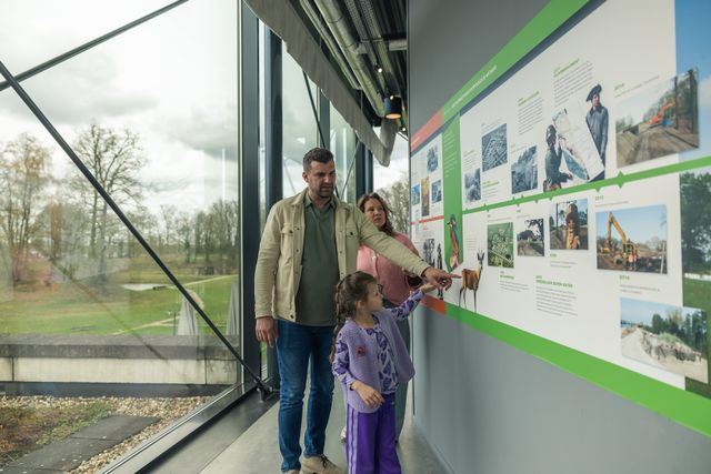 Gezin met kinderen lopen langs een muur en wijzen naar informatieborden. Achter hen is uitzicht op de Grebbelinie.
