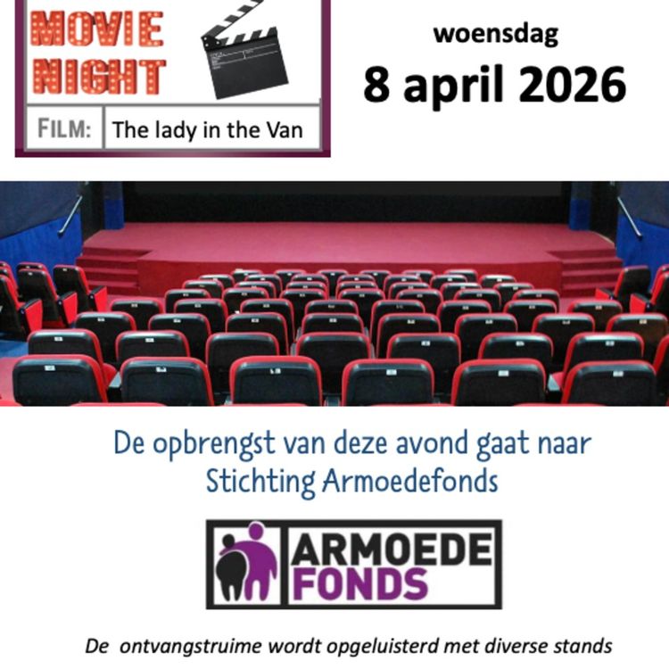 Foto van een podium met theaterstoelen en veel tekst over de inhoud van dit evenement.