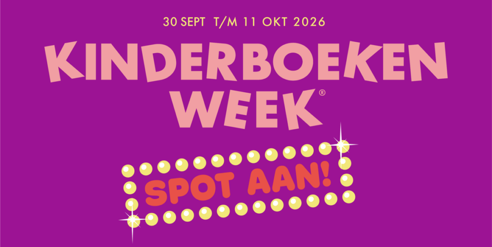 Banner van de kinderboekenweek van 30 september t/m 11 oktober, thema: Spot aan!