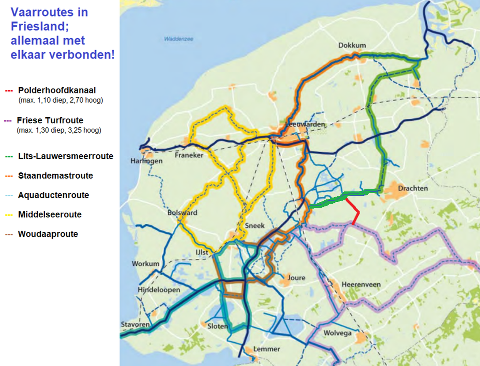 Kaartje vaarroutes in Friesland met Polderhoofdkanaal