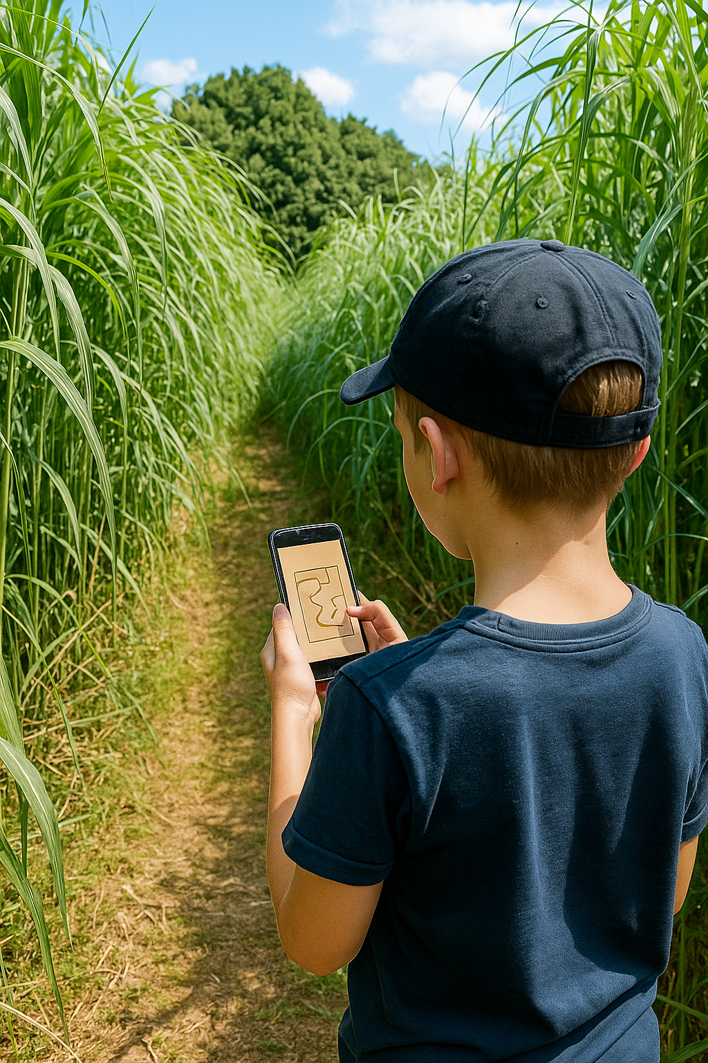Een jongen loopt met zijn telefoon tussen het gras van de doolhof door