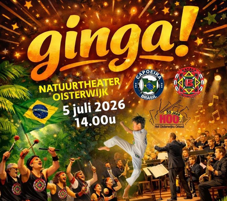 Kleurrijk affiche in geel groen en oranje/bruin tinten, met daarop getekend mannen met grote rood/zwart/witte trommels aan de linkerkant en rechts een orkest.