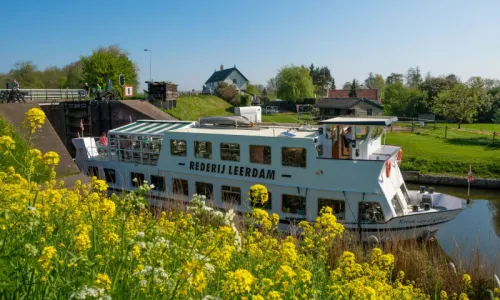 Foto van een lentelandschap met een cruiseschip