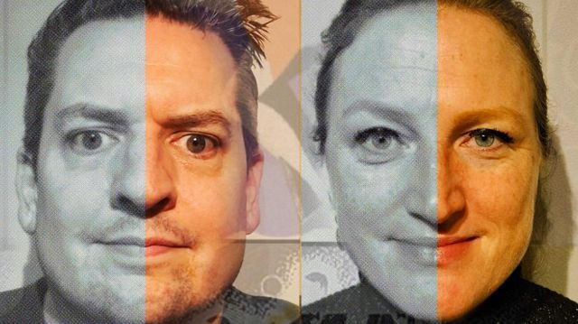Acteurs met hun gezichtshelften zowel in zwartwit als in kleur