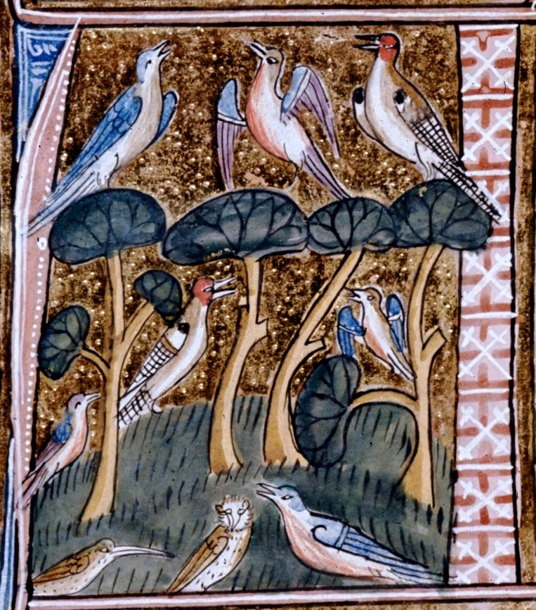 Een gehistoriseerde A, vogels, Omne Bonum, manuscript van omstreeks 1370, koninkrijk Engeland