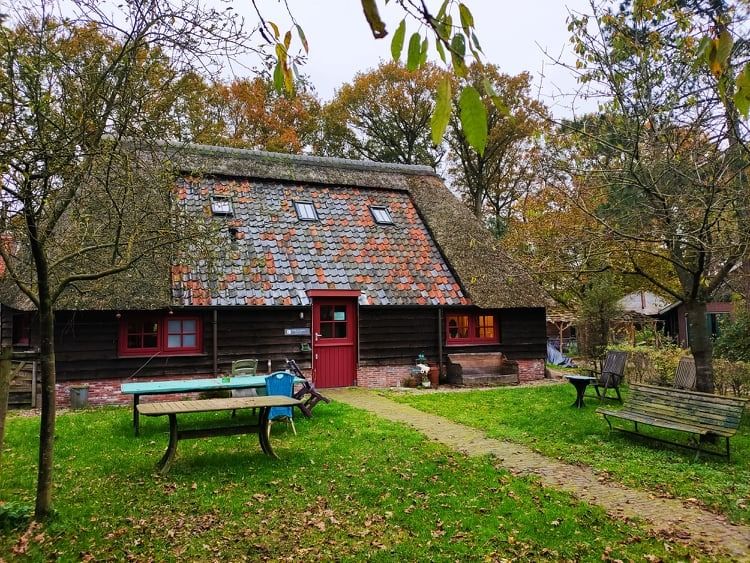 Houten boerderij van Het Derde Erf met rieten dak, gekleurde dakpannen en een groen erf met bomen en bankjes.