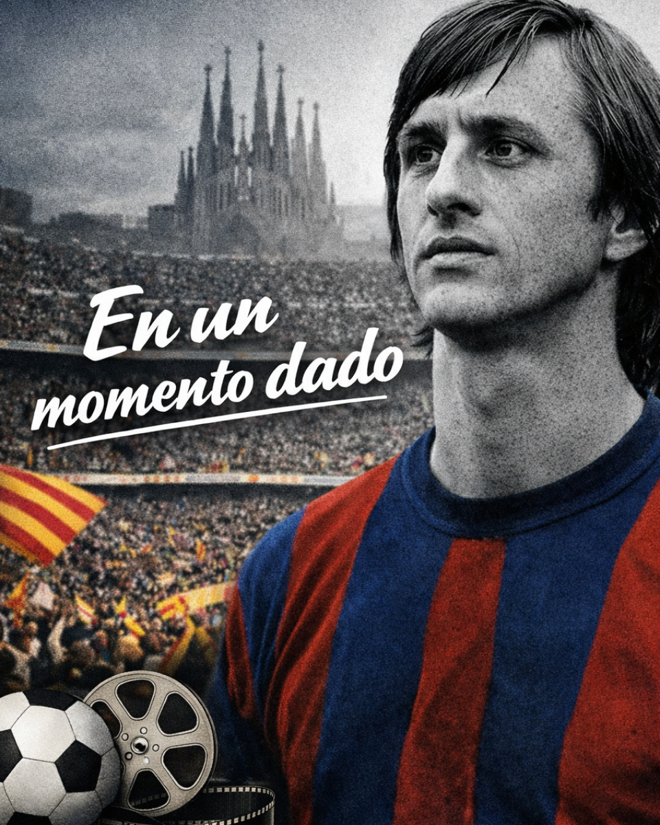 Filmposter En un momento dado met portret van een voetballer in het rood-blauwe shirt van FC Barcelona in een vol voetbalstadion in Barcelona, Catalonië, Spanje
