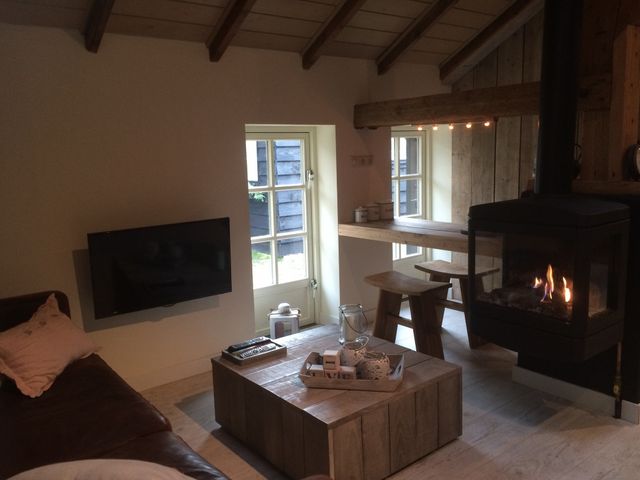 Foto van een woonkamer van een appartement met open haard en TV in de Rozephoeve in Oisterwijk.