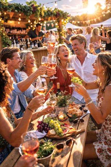 Lachende mensen aan tafel die wijn drinken.