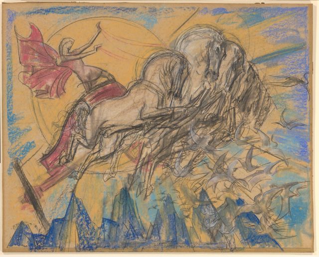 Expressieve tekening van een figuur met vleugels die een groot, fantasieachtig dier berijdt, weergegeven in losse lijnen en zachte kleuren, met een dynamische compositie die beweging en strijd suggereert.